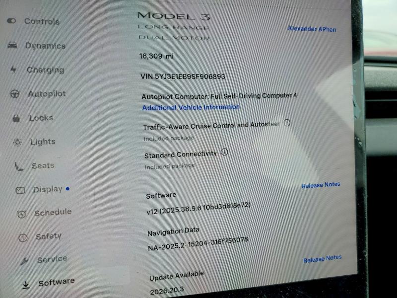 2025 Tesla Model 3 მანქანა იყიდება აუქციონზე, vin: 5YJ3E1EB9SF906893, აუქციონის ნომერი: 57027226