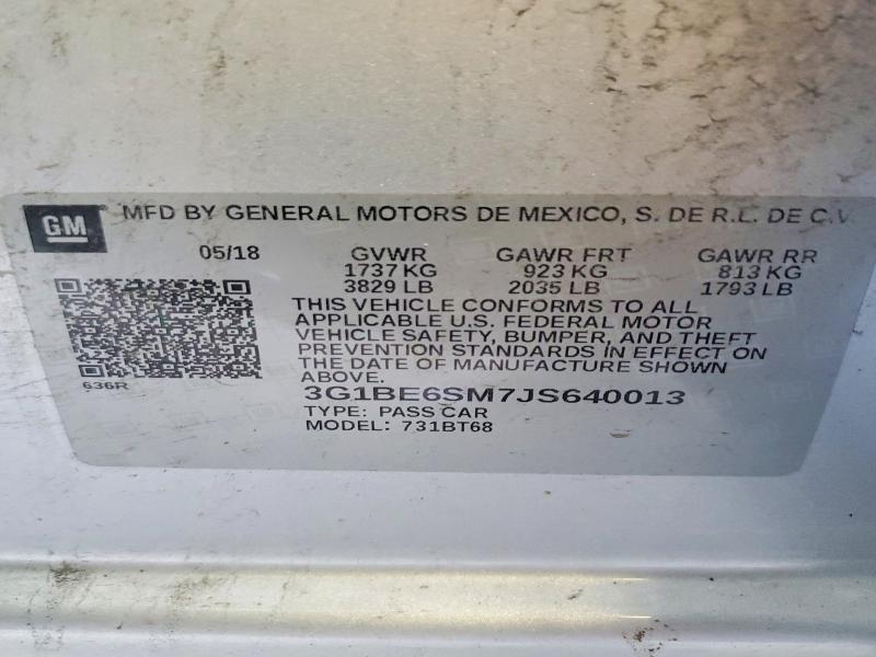2018 Chevrolet Cruze მანქანა იყიდება აუქციონზე, vin: 3G1BE6SM7JS640013, აუქციონის ნომერი: 60639386
