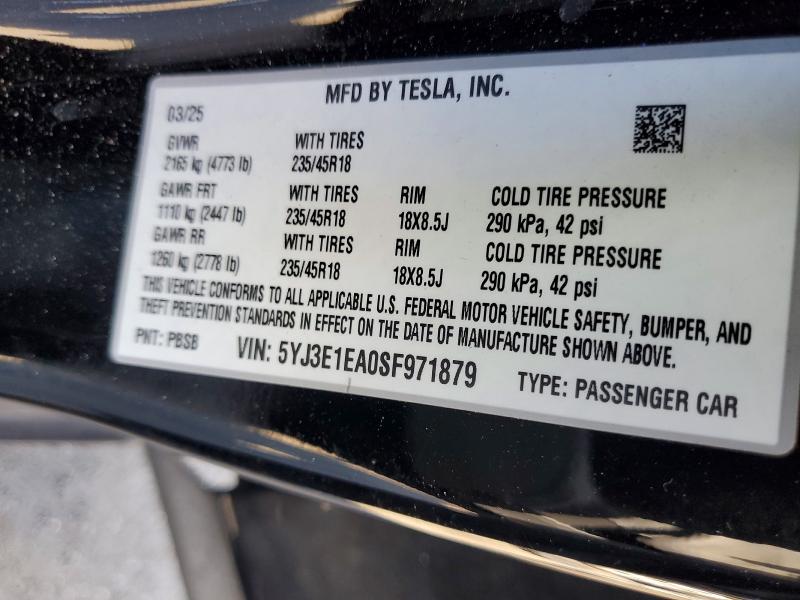 2025 Tesla Model 3 მანქანა იყიდება აუქციონზე, vin: 5YJ3E1EA0SF971879, აუქციონის ნომერი: 62496096