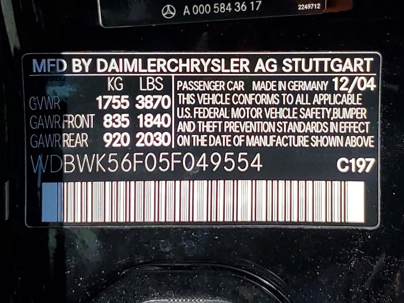 2005 Mercedes-benz Slk მანქანა იყიდება აუქციონზე, vin: WDBWK56F05F049554, აუქციონის ნომერი: 63337186