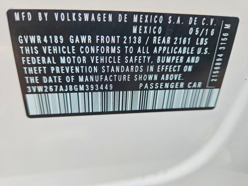 Auction sale of the 2016 Volkswagen Jetta, vin: 3VW267AJ8GM393449, lot number: 61669756
