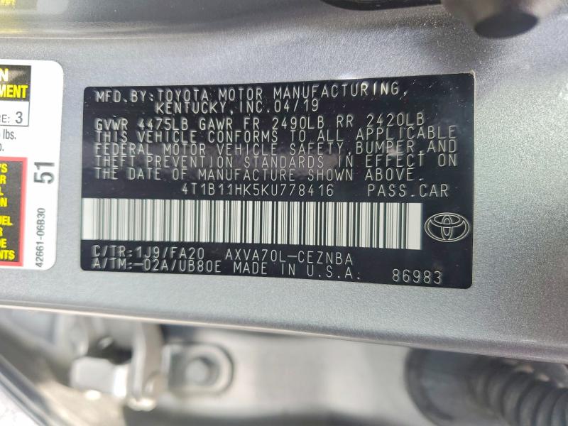 2019 Toyota Camry მანქანა იყიდება აუქციონზე, vin: 4T1B11HK5KU778416, აუქციონის ნომერი: 62131836