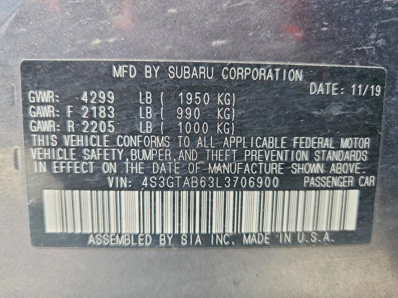 59824616 :رقم المزاد ، 4S3GTAB63L3706900 vin ، 2020 Subaru Impreza مزاد بيع