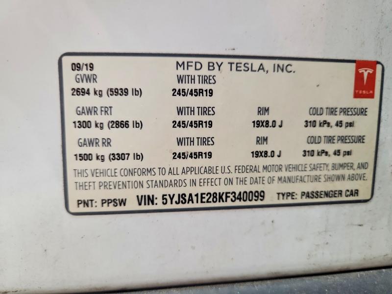 Продажа на аукционе авто 2019 Tesla Model S, vin: 5YJSA1E28KF340099, номер лота: 61049096