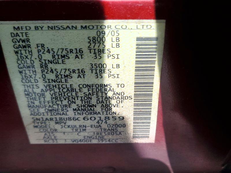 Aukcja sprzedaży 2006 Nissan Pathfinder, vin: 5N1AR18U86C601859, numer aukcji: 62649316