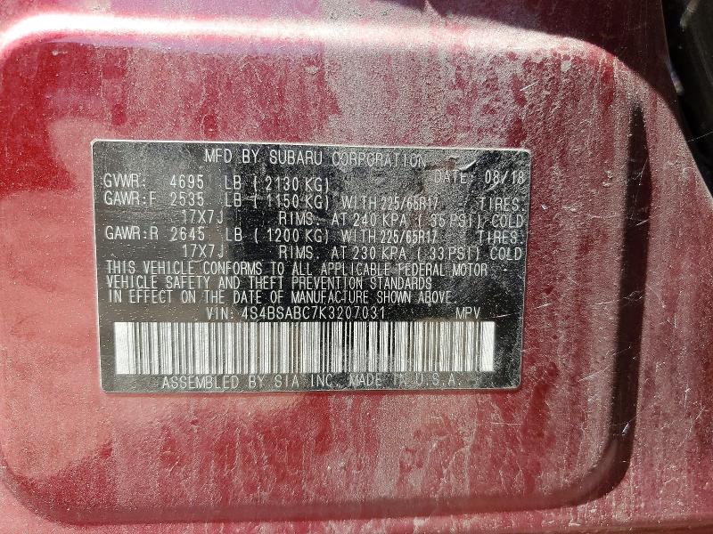 2019 Subaru Outback მანქანა იყიდება აუქციონზე, vin: 4S4BSABC7K3207031, აუქციონის ნომერი: 61531956