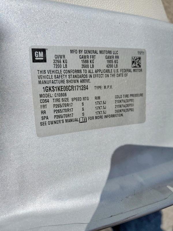 62790256 :رقم المزاد ، 1GKS1KE06CR171284 vin ، 2012 Gmc Yukon Xl مزاد بيع
