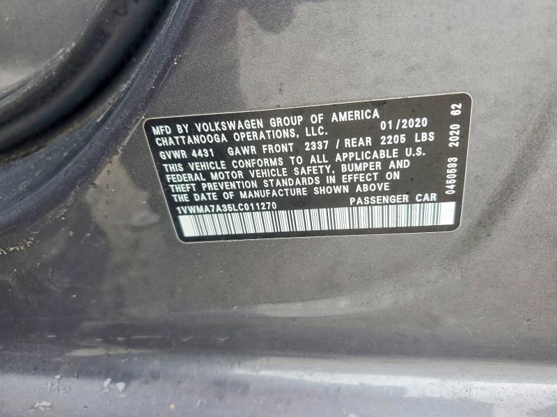 Продажа на аукционе авто 2020 Volkswagen Passat, vin: 1VWMA7A35LC011270, номер лота: 62435286