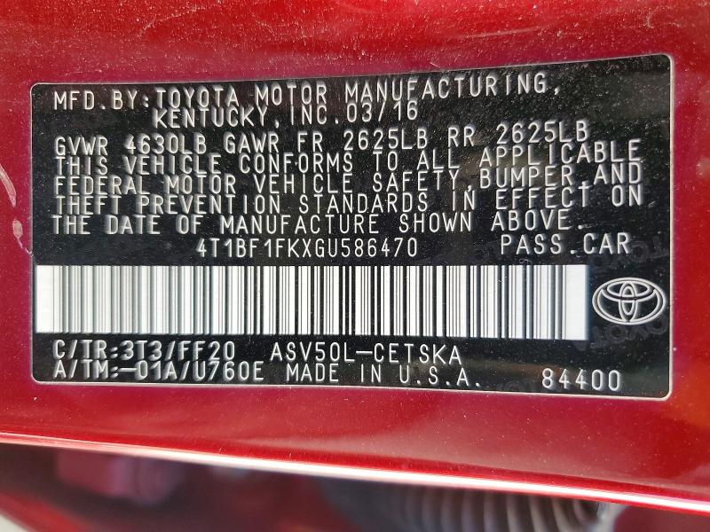 2016 Toyota Camry მანქანა იყიდება აუქციონზე, vin: 4T1BF1FKXGU586470, აუქციონის ნომერი: 62875496