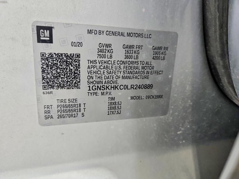 2020 Chevrolet Suburban მანქანა იყიდება აუქციონზე, vin: 1GNSKHKC0LR240889, აუქციონის ნომერი: 62939426