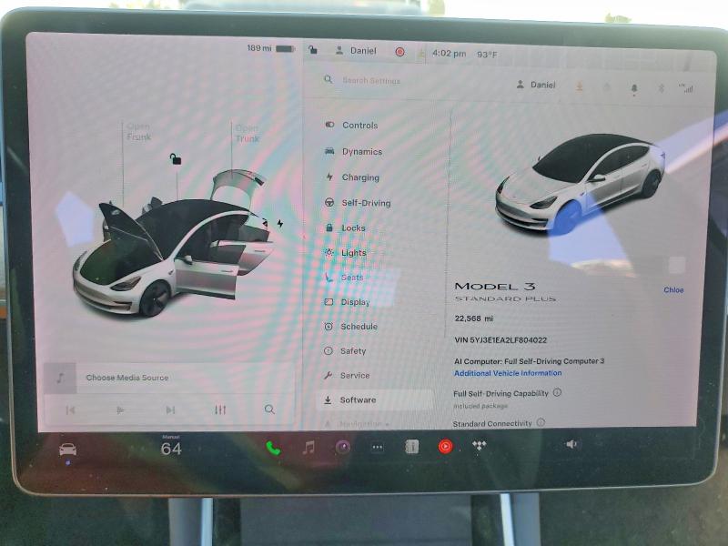 2020 Tesla Model 3 მანქანა იყიდება აუქციონზე, vin: 5YJ3E1EA2LF804022, აუქციონის ნომერი: 62704746
