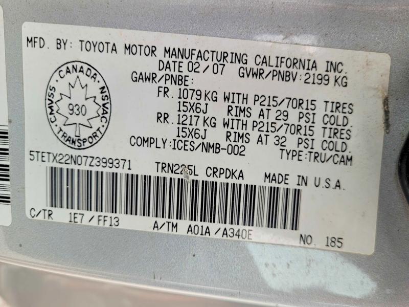 2007 Toyota Tacoma მანქანა იყიდება აუქციონზე, vin: 5TETX22N07Z399371, აუქციონის ნომერი: 60529026