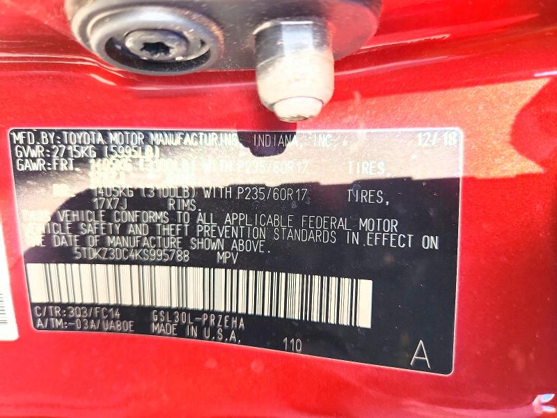 Auction sale of the 2019 Toyota Sienna, vin: 5TDKZ3DC4KS995788, lot number: 62788286