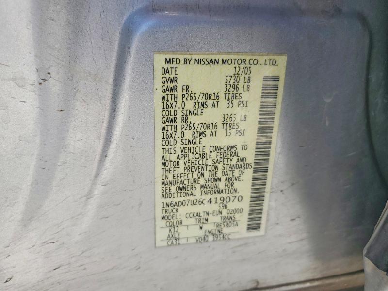 Продаж на аукціоні авто 2006 Nissan Frontier, vin: 1N6AD07U26C419070, номер лоту: 62062556
