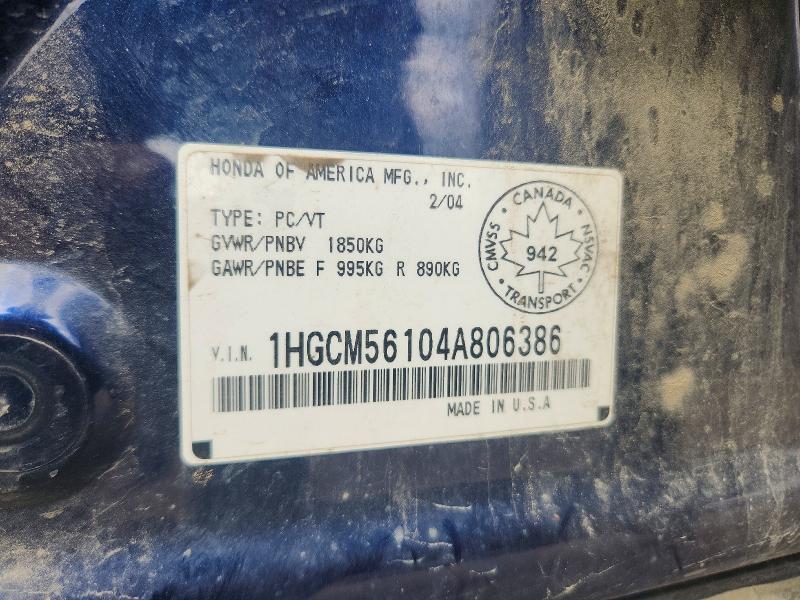 Aukcja sprzedaży 2004 Honda Accord, vin: 1HGCM56104A806386, numer aukcji: 61577416