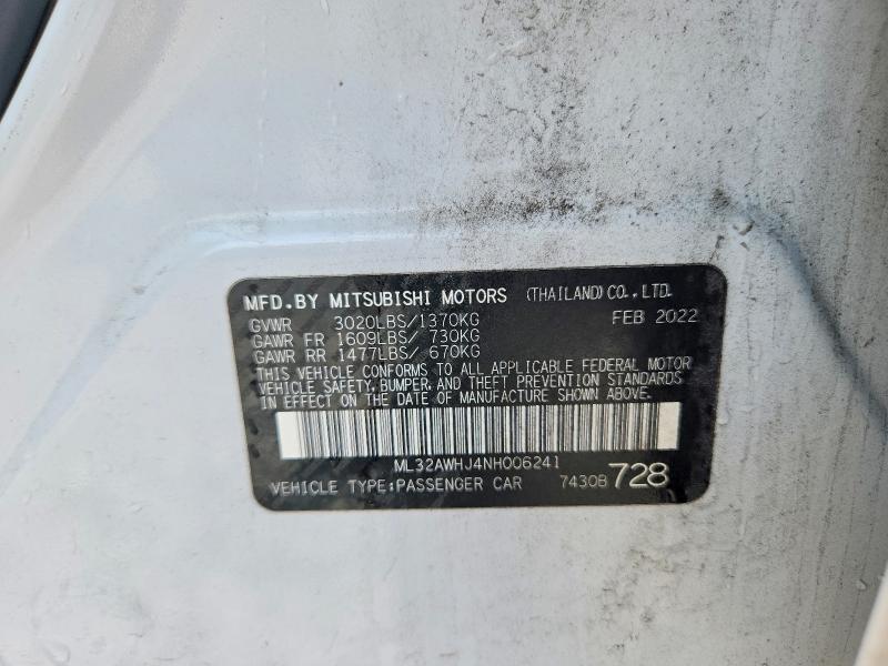 2022 Mitsubishi Mirage მანქანა იყიდება აუქციონზე, vin: ML32AWHJ4NH006241, აუქციონის ნომერი: 59773936