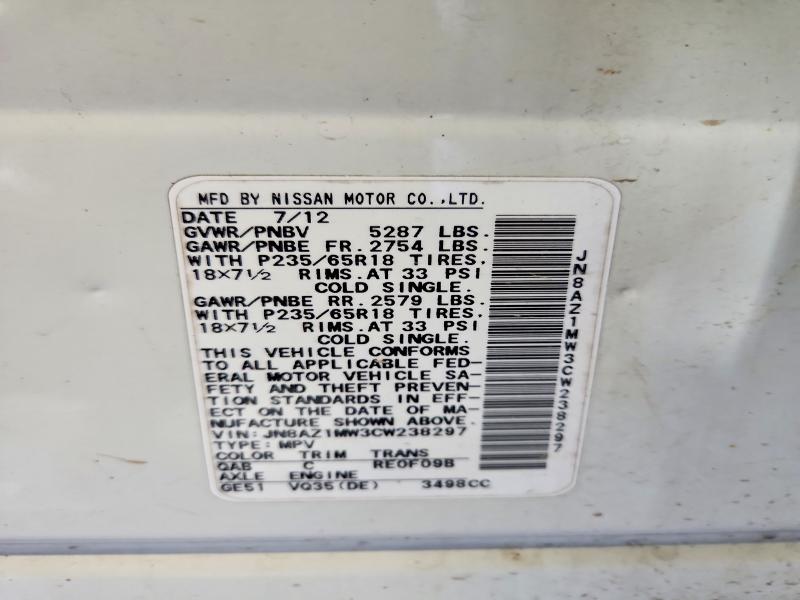 Aukcja sprzedaży 2012 Nissan Murano, vin: JN8AZ1MW3CW238297, numer aukcji: 62924376