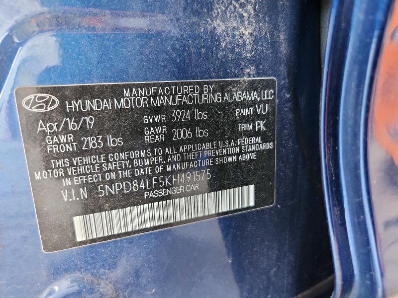 60302426 :رقم المزاد ، 5NPD84LF5KH491575 vin ، 2019 Hyundai Elantra مزاد بيع