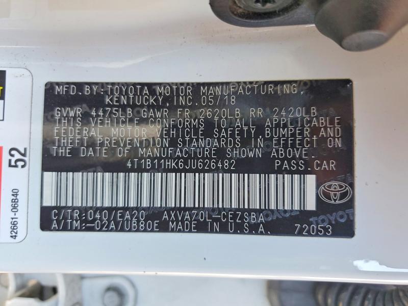 60183766 :رقم المزاد ، 4T1B11HK6JU626482 vin ، 2018 Toyota Camry مزاد بيع