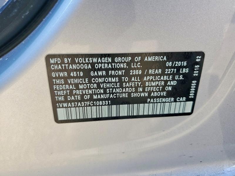 2015 Volkswagen Passat მანქანა იყიდება აუქციონზე, vin: 1VWAS7A37FC108331, აუქციონის ნომერი: 61010446
