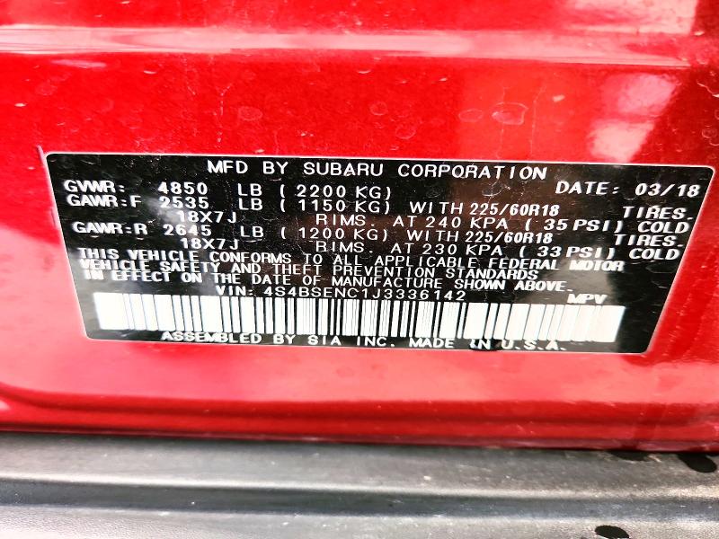 61717236 :رقم المزاد ، 4S4BSENC1J3336142 vin ، 2018 Subaru Outback مزاد بيع