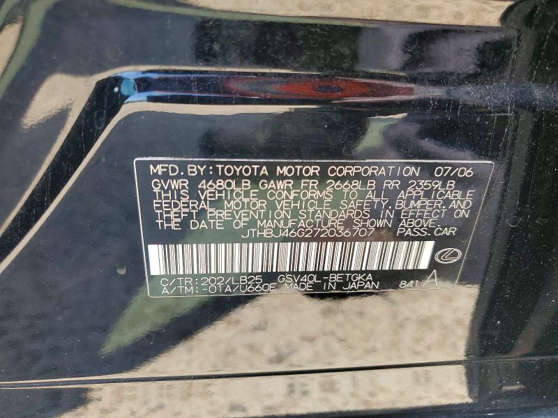Продажа на аукционе авто 2007 Lexus Es, vin: JTHBJ46G272036707, номер лота: 59627436