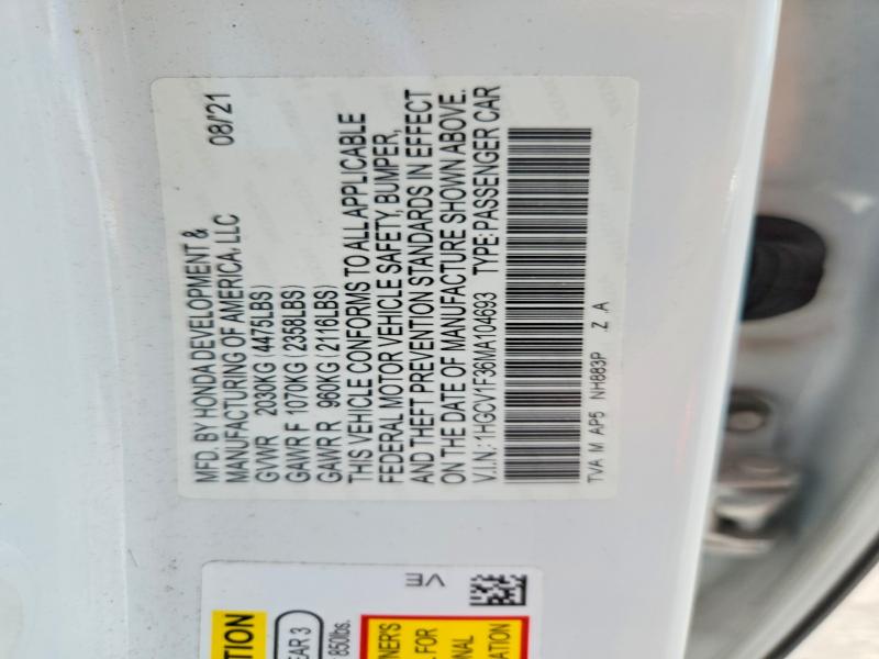 Продаж на аукціоні авто 2021 Honda Accord, vin: 1HGCV1F36MA104693, номер лоту: 60156226