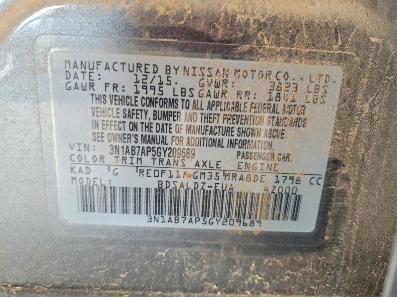 2016 Nissan Sentra მანქანა იყიდება აუქციონზე, vin: 3N1AB7AP5GY209689, აუქციონის ნომერი: 61060416