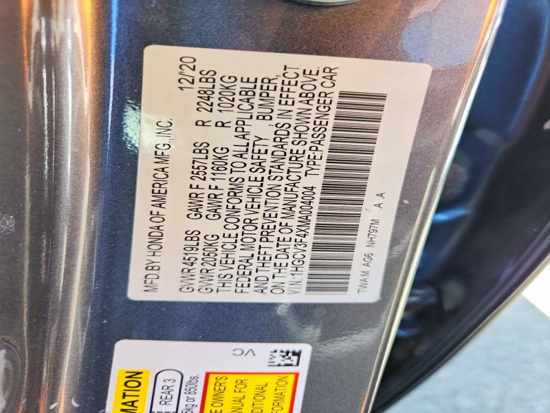 Продажа на аукционе авто 2021 Honda Accord, vin: 1HGCV3F4XMA004004, номер лота: 85982905