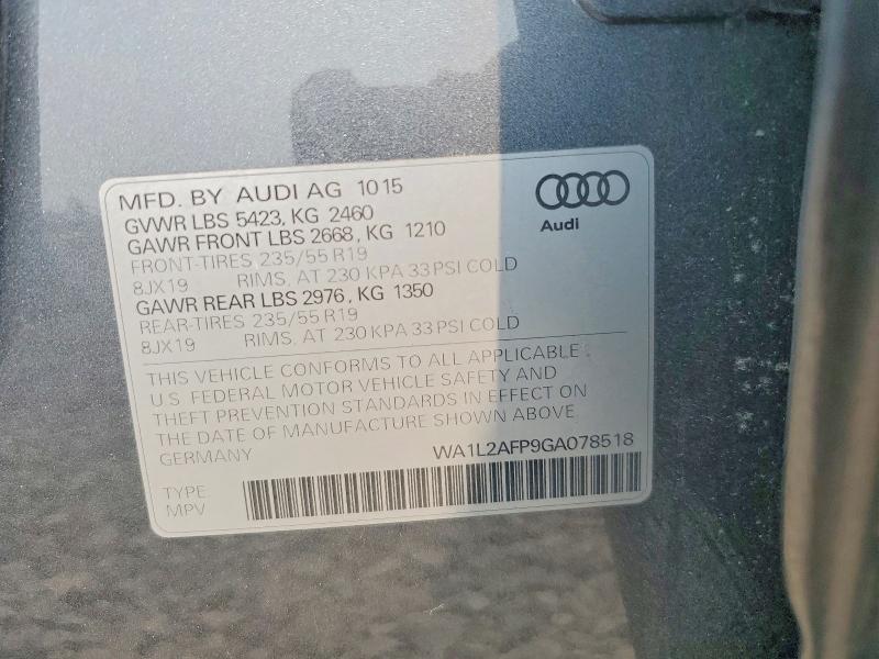 2016 Audi Q5 მანქანა იყიდება აუქციონზე, vin: WA1L2AFP9GA078518, აუქციონის ნომერი: 62113176