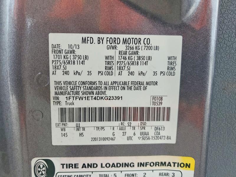 2013 Ford F150 მანქანა იყიდება აუქციონზე, vin: 1FTFW1ET4DKG23391, აუქციონის ნომერი: 60820626
