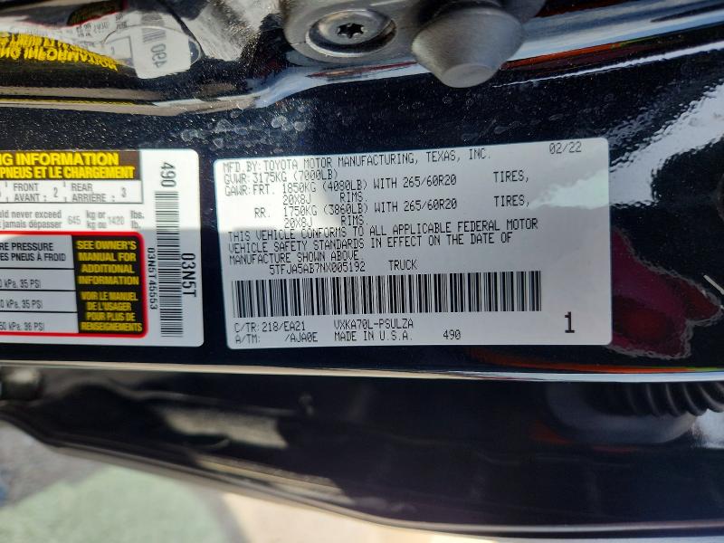 Aukcja sprzedaży 2022 Toyota Tundra, vin: 5TFJA5AB7NX005192, numer aukcji: 61742876