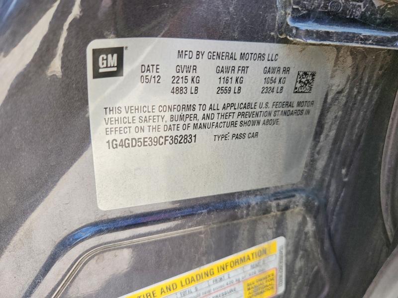 2012 Buick Lacrosse მანქანა იყიდება აუქციონზე, vin: 1G4GD5E39CF362831, აუქციონის ნომერი: 60430546