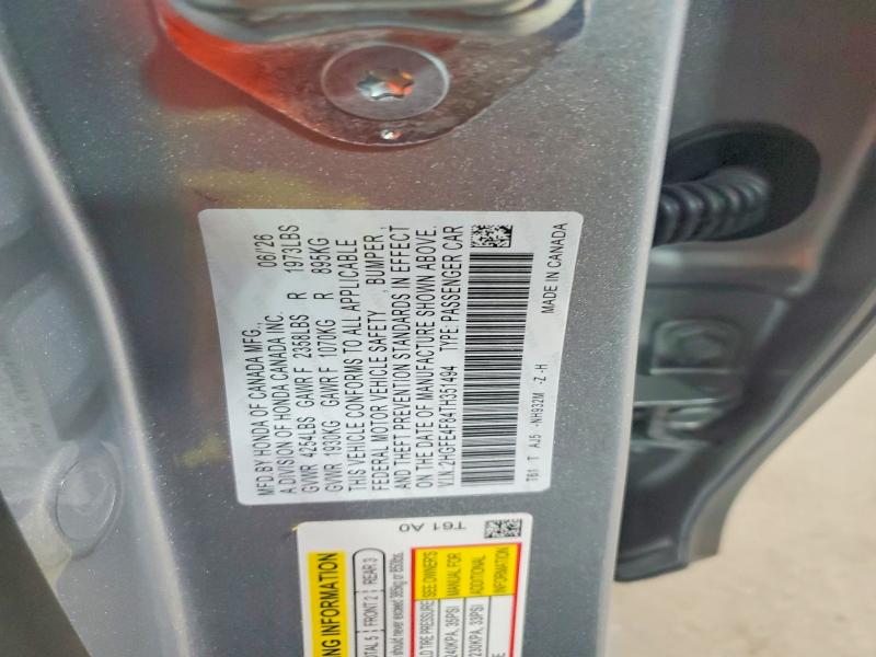 Продаж на аукціоні авто 2026 Honda Civic, vin: 2HGFE4F84TH351494, номер лоту: 61955746