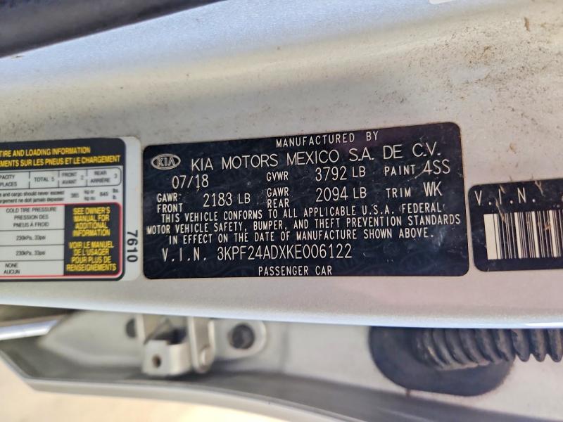 2019 Kia Forte მანქანა იყიდება აუქციონზე, vin: 3KPF24ADXKE006122, აუქციონის ნომერი: 61102196