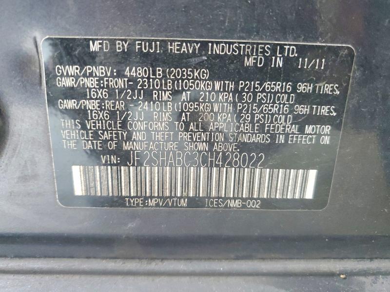 Продажа на аукционе авто 2012 Subaru Forester, vin: JF2SHABC3CH428022, номер лота: 60555486