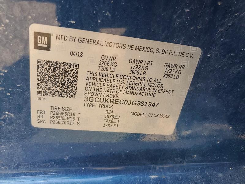 Aukcja sprzedaży 2018 Chevrolet Silverado, vin: 3GCUKREC0JG381347, numer aukcji: 62236866