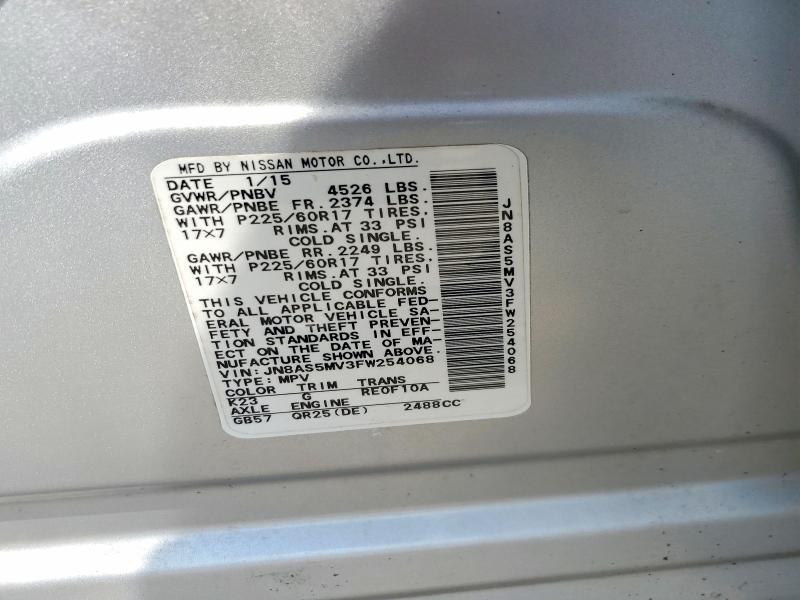 60167946 :رقم المزاد ، JN8AS5MV3FW254068 vin ، 2015 Nissan Rogue Select مزاد بيع