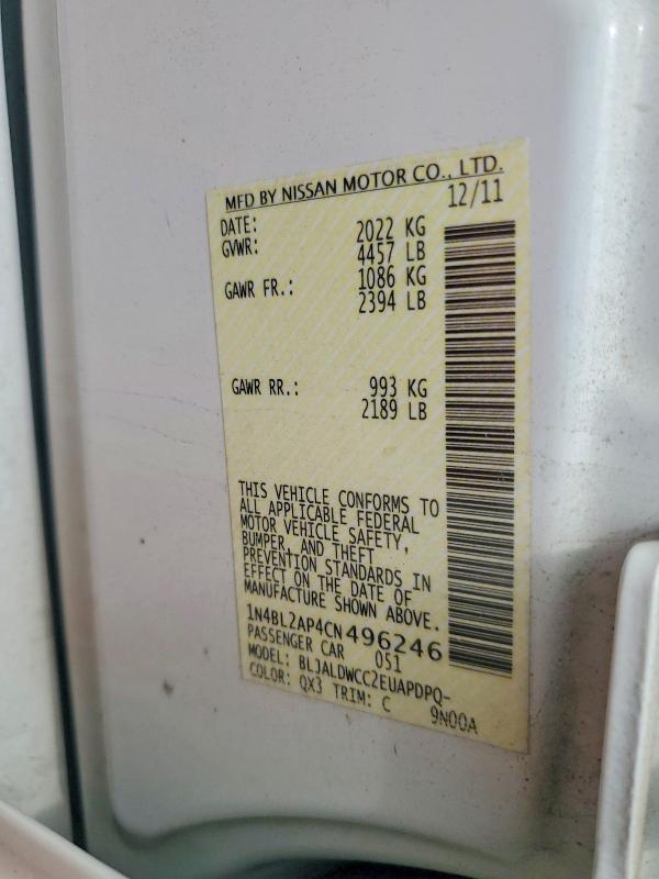 Продаж на аукціоні авто 2012 Nissan Altima, vin: 1N4BL2AP4CN496246, номер лоту: 61429236