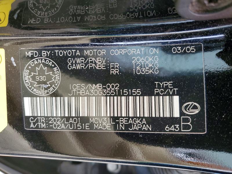 2005 Lexus Es მანქანა იყიდება აუქციონზე, vin: JTHBA30G355115155, აუქციონის ნომერი: 58918846