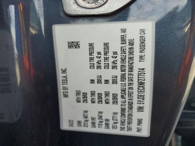 61536546 :رقم المزاد ، 5YJ3E1ECXNF277514 vin ، 2022 Tesla Model 3 مزاد بيع