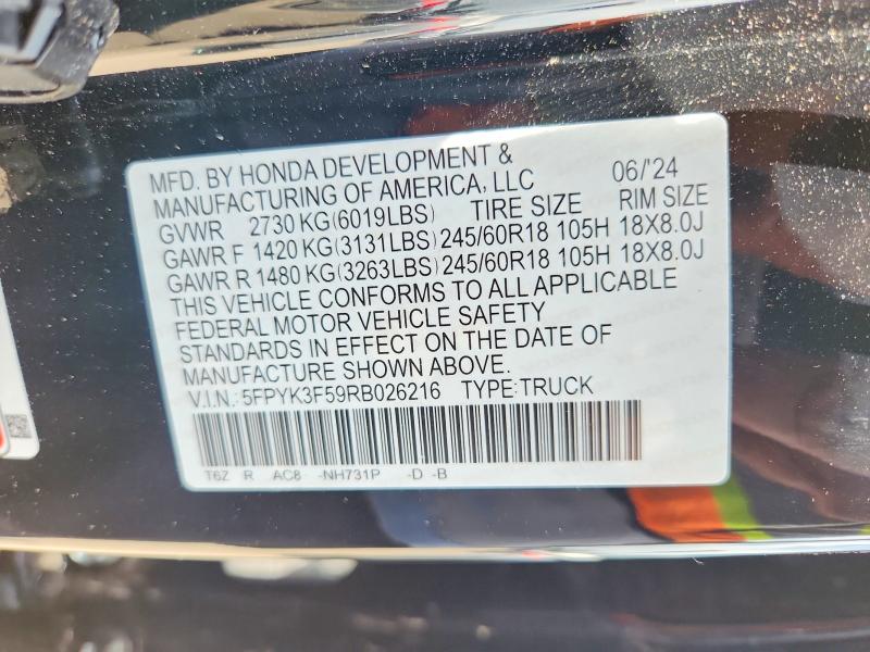 61755496 :رقم المزاد ، 5FPYK3F59RB026216 vin ، 2024 Honda Ridgeline مزاد بيع