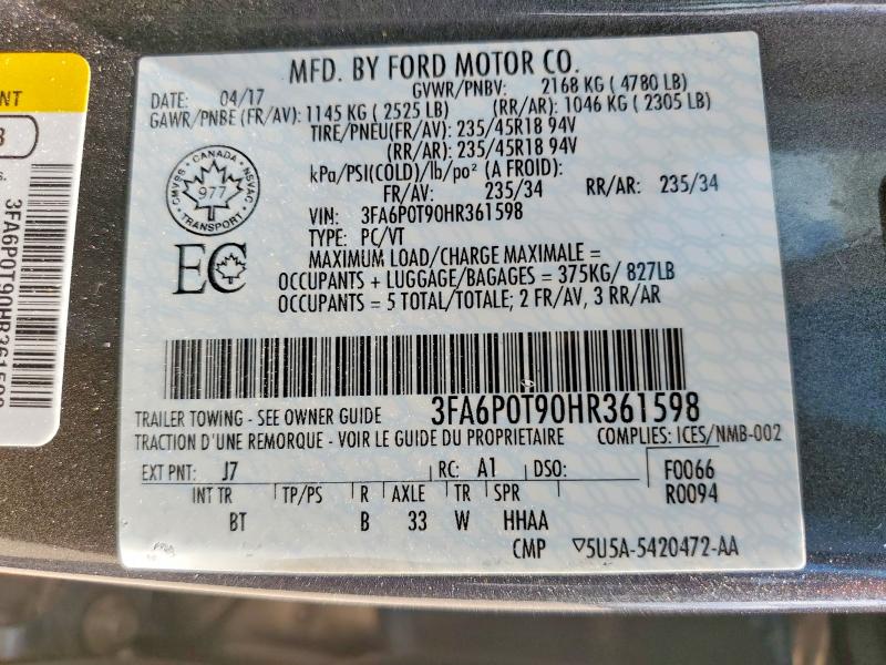 2017 Ford Fusion მანქანა იყიდება აუქციონზე, vin: 3FA6P0T90HR361598, აუქციონის ნომერი: 60177436