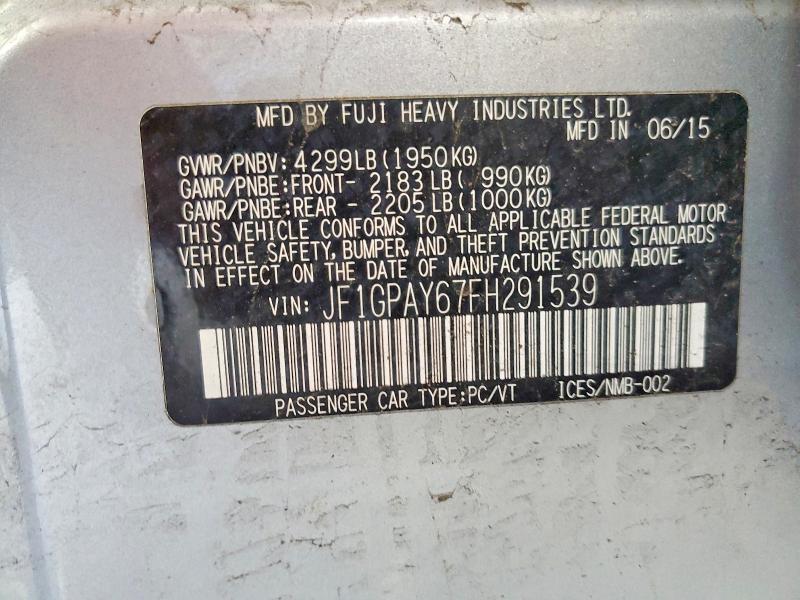 2015 Subaru Impreza მანქანა იყიდება აუქციონზე, vin: JF1GPAY67FH291539, აუქციონის ნომერი: 60200946