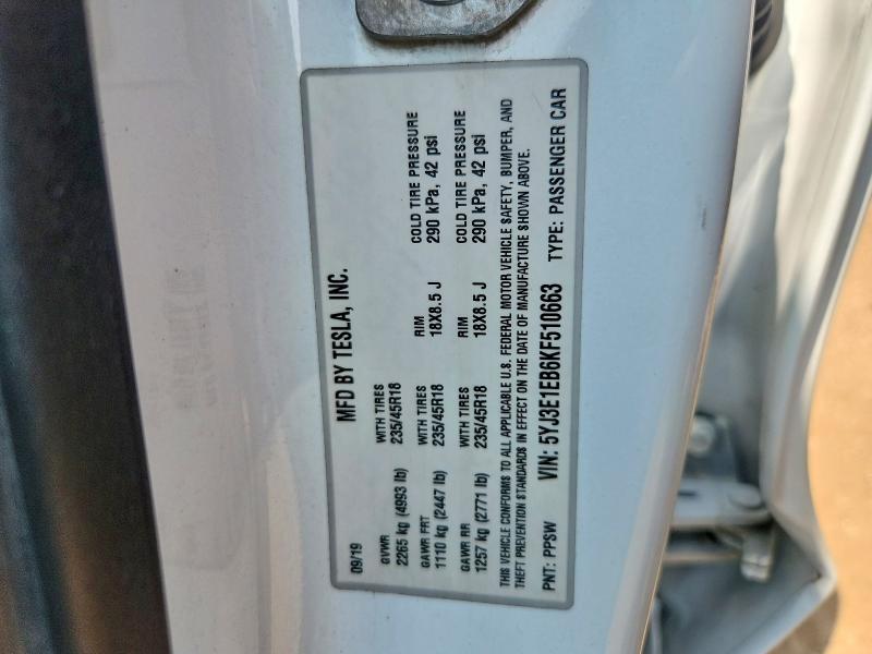 2019 Tesla Model 3 მანქანა იყიდება აუქციონზე, vin: 5YJ3E1EB6KF510663, აუქციონის ნომერი: 60936886