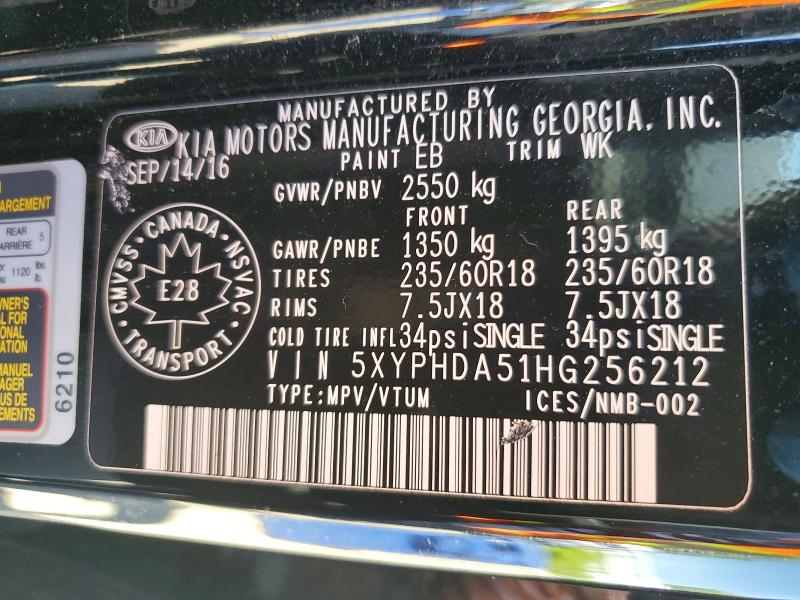 2017 Kia Sorento მანქანა იყიდება აუქციონზე, vin: 5XYPHDA51HG256212, აუქციონის ნომერი: 62454726