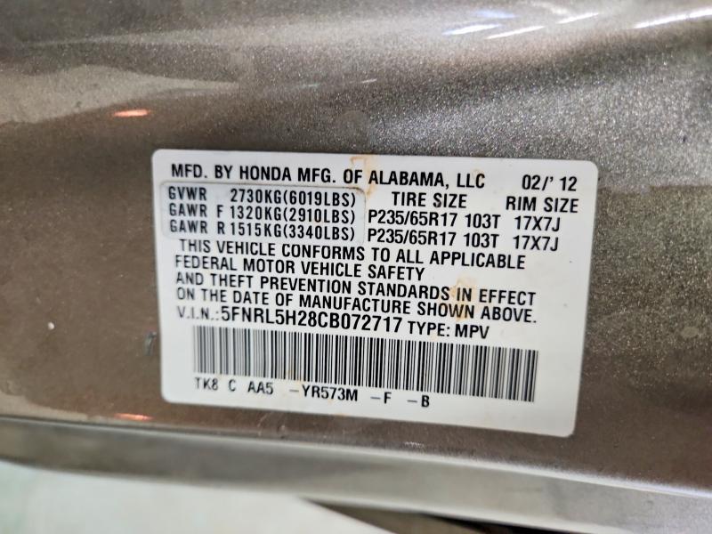 62132176 :رقم المزاد ، 5FNRL5H28CB072717 vin ، 2012 Honda Odyssey مزاد بيع