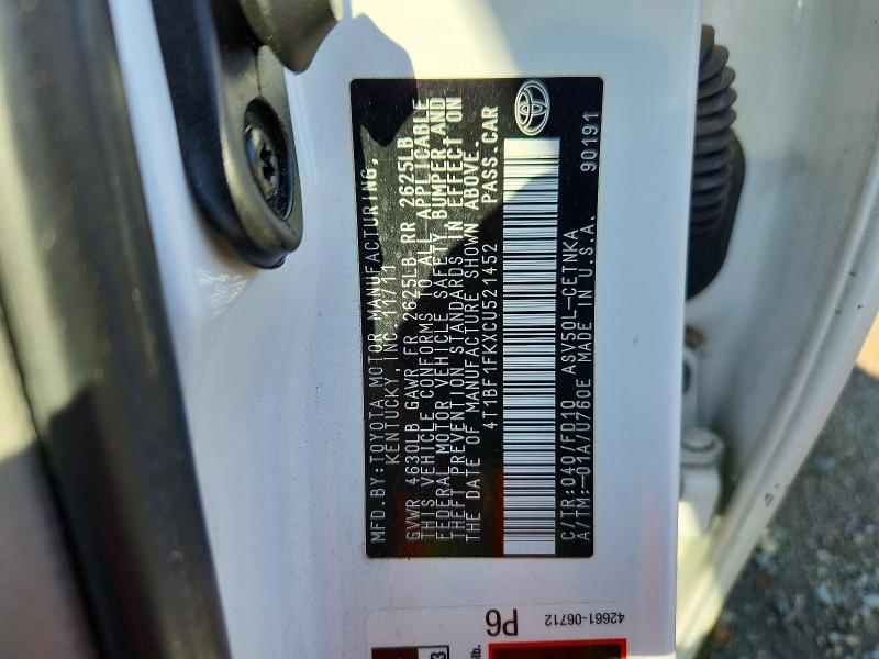 61678696 :رقم المزاد ، 4T1BF1FKXCU521452 vin ، 2012 Toyota Camry مزاد بيع