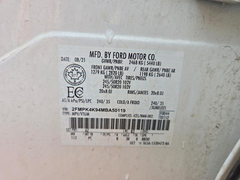 56042096 :رقم المزاد ، 2FMPK4K94MBA50119 vin ، 2021 Ford Edge مزاد بيع