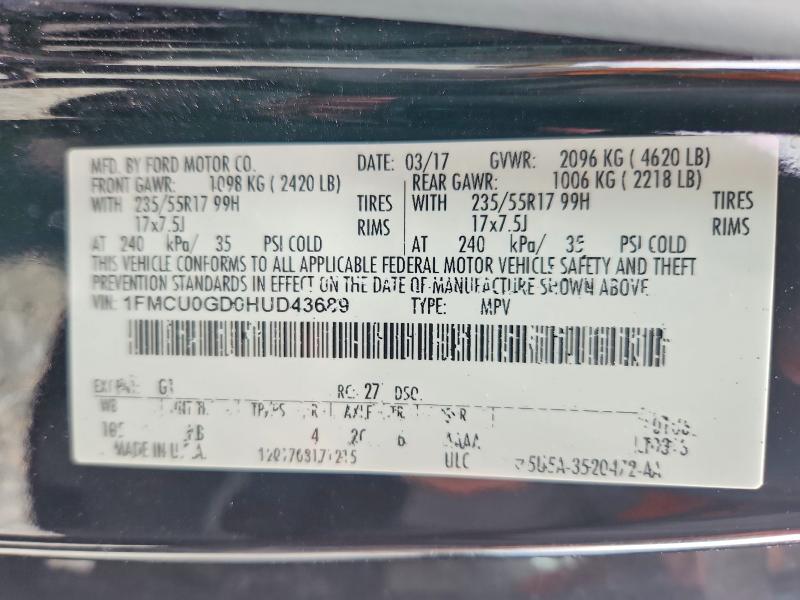 Aukcja sprzedaży 2017 Ford Escape, vin: 1FMCU0GD0HUD43689, numer aukcji: 61330676